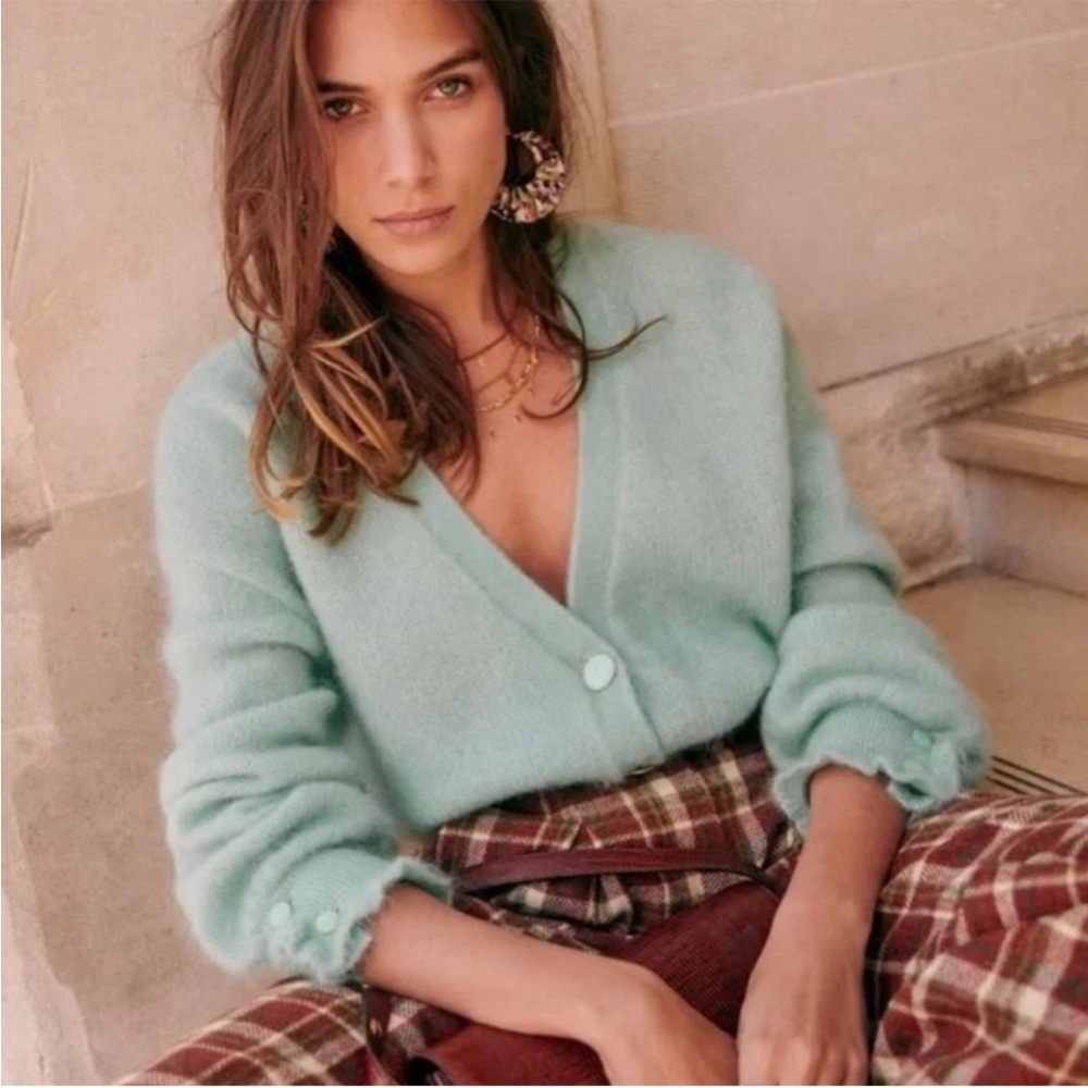 Sezane Mint Green Button-Up Women's Sweater